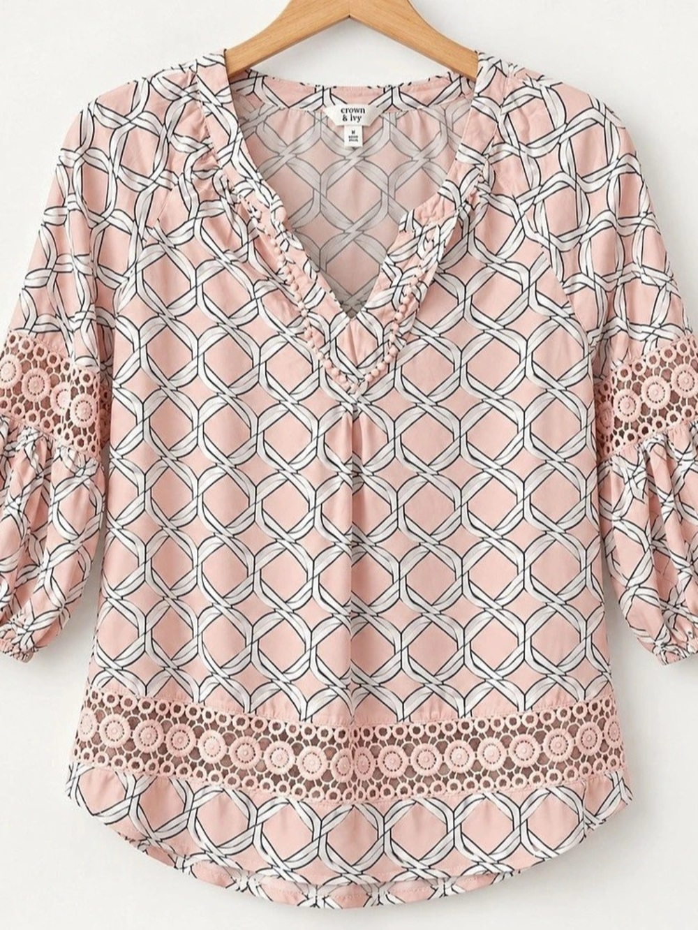 Crown & Ivy Pink Geometric Crochet Trim Tunic Blouse